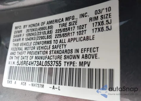 2010 Honda Cr-V Ex-L z USA, uszkodzony, nr VIN 5J6RE4H73AL053755